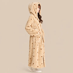 La boutique du peignoir Peignoir Capuche Femme - Long en Polaire Imprimée, Camel à Pois