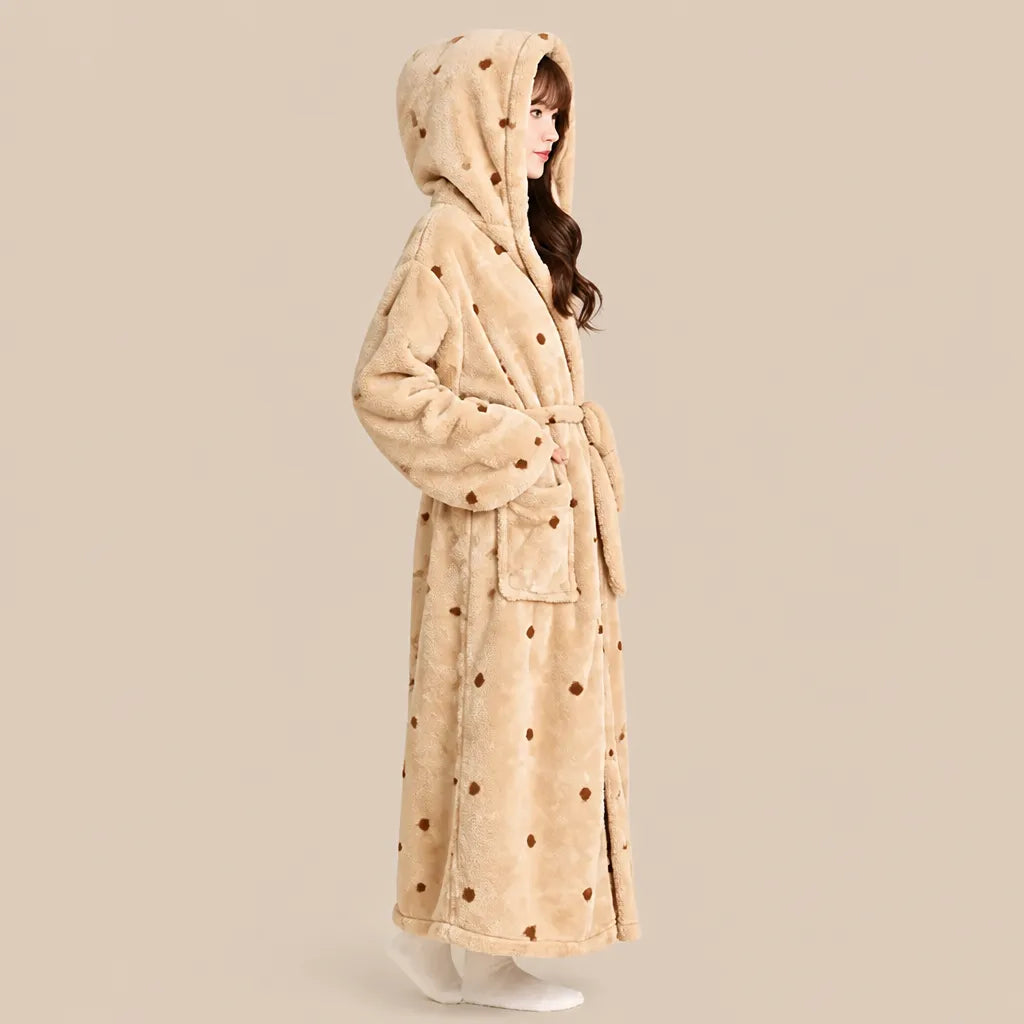 La boutique du peignoir Peignoir Capuche Femme - Long en Polaire Imprimée, Camel à Pois