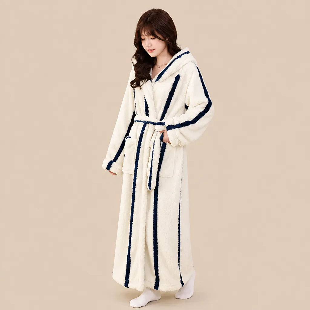 La boutique du peignoir Peignoir Capuche Femme - Long en Polaire Imprimée, Écru Rayé Marine