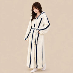 La boutique du peignoir Peignoir Capuche Femme - Long en Polaire Imprimée, Écru Rayé Marine