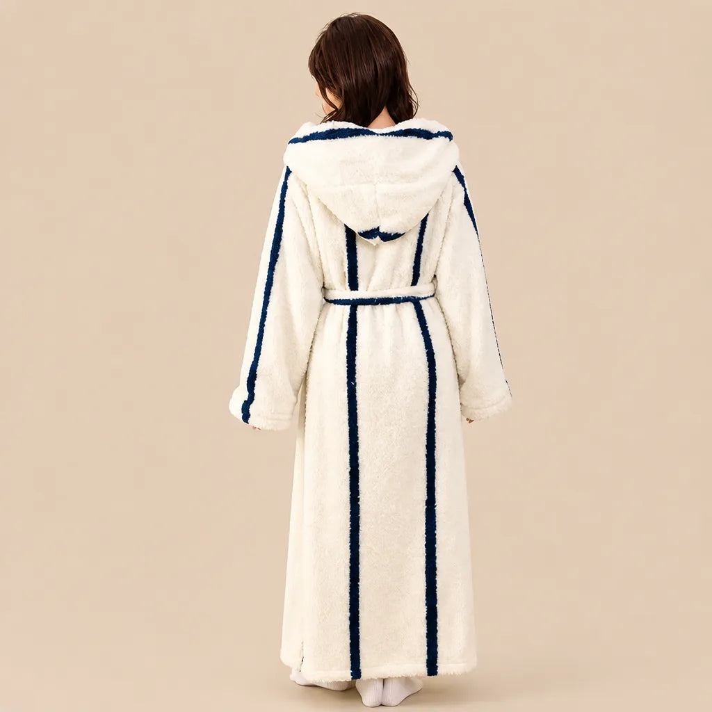 La boutique du peignoir Peignoir Capuche Femme - Long en Polaire Imprimée, Écru Rayé Marine