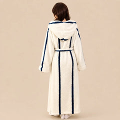 La boutique du peignoir Peignoir Capuche Femme - Long en Polaire Imprimée, Écru Rayé Marine