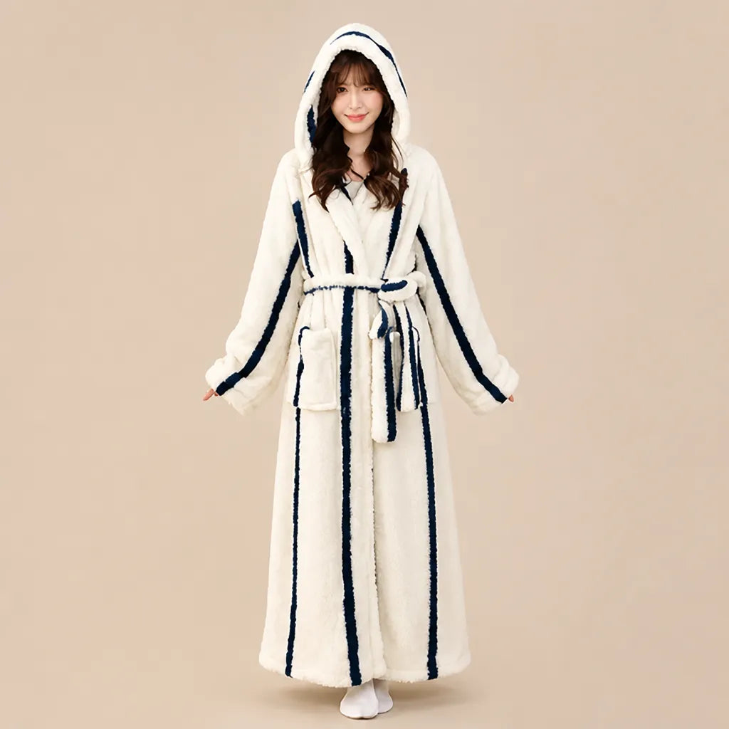 La boutique du peignoir Peignoir Capuche Femme - Long en Polaire Imprimée, Écru Rayé Marine