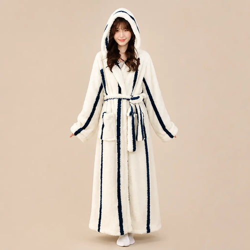 La boutique du peignoir Peignoir Capuche Femme - Long en Polaire Imprimée, Écru Rayé Marine