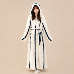 La boutique du peignoir Peignoir Capuche Femme - Long en Polaire Imprimée, Écru Rayé Marine