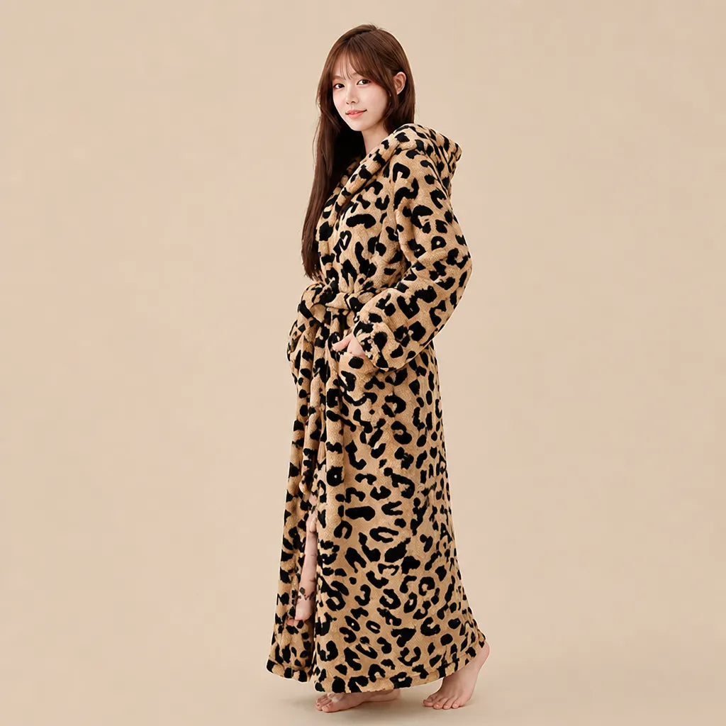 La boutique du peignoir Peignoir Capuche Femme - Long en Polaire Imprimée, Léopard