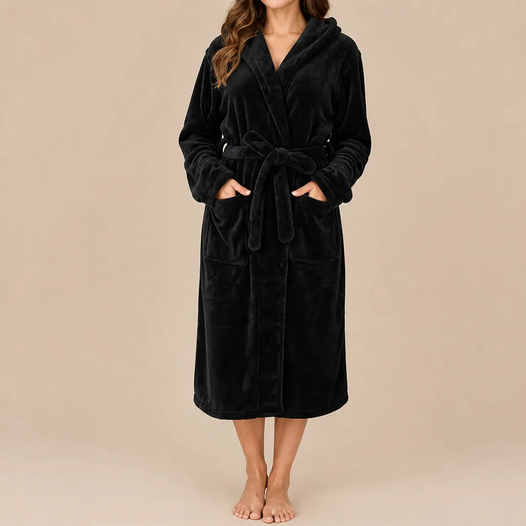La boutique du peignoir Peignoir Capuche Femme - Long en Polaire, Noir