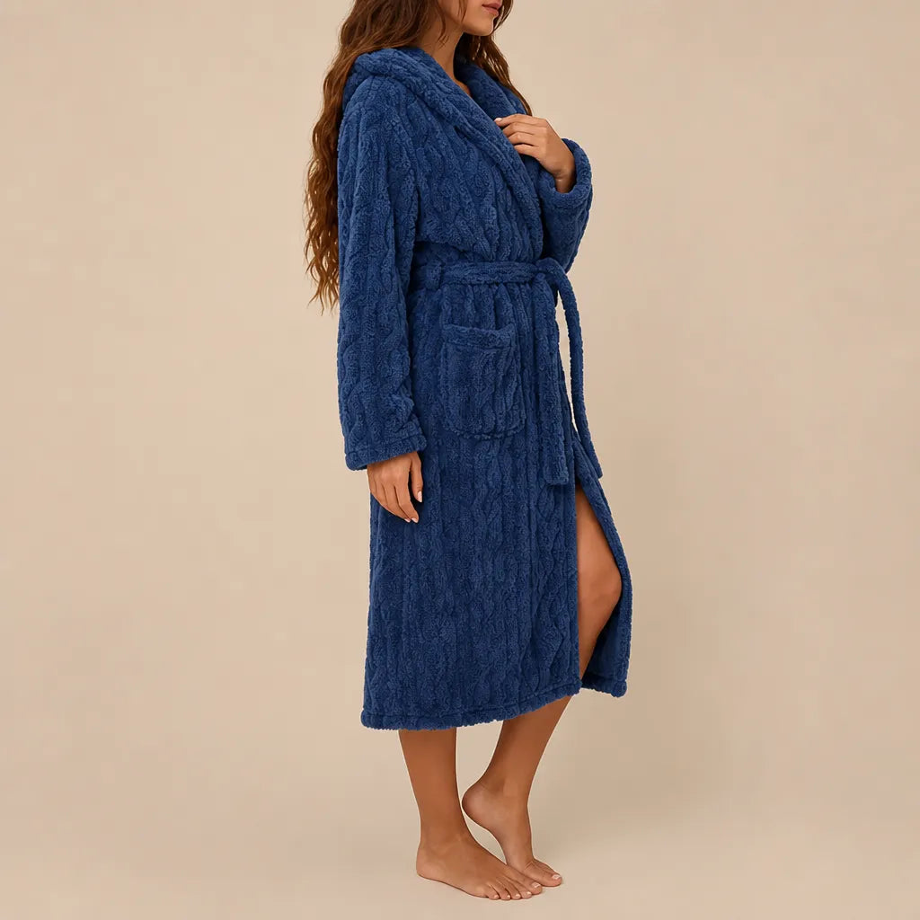 La boutique du peignoir Peignoir Capuche Femme - Long en Polaire Torsadée, Bleu Marine