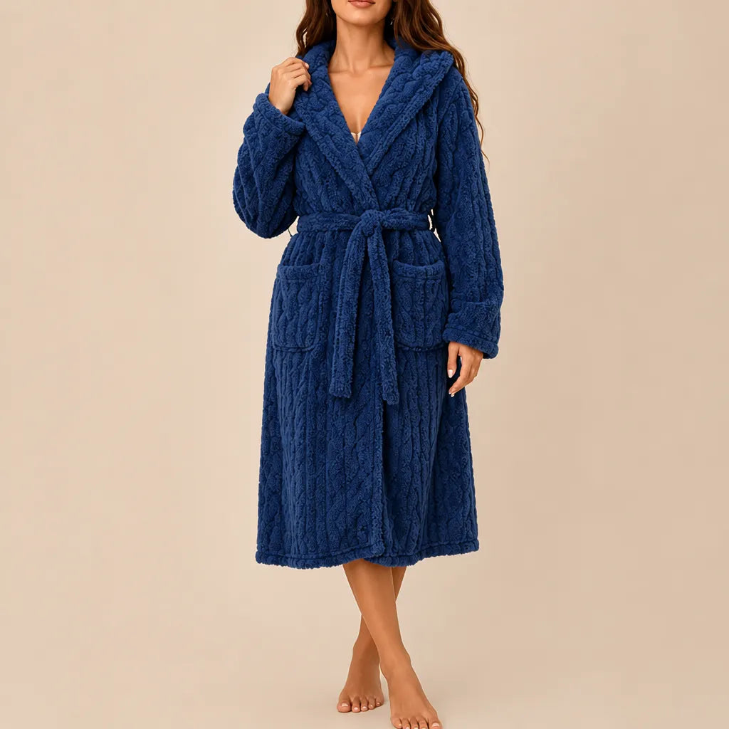 La boutique du peignoir Peignoir Capuche Femme - Long en Polaire Torsadée, Bleu Marine