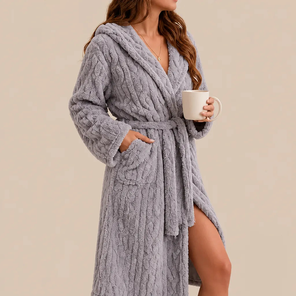 La boutique du peignoir Peignoir Capuche Femme - Long en Polaire Torsadée, Gris Clair