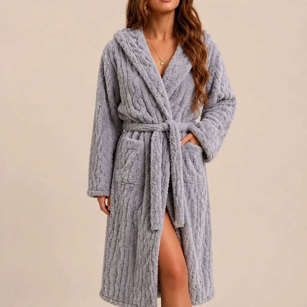 La boutique du peignoir Peignoir Capuche Femme - Long en Polaire Torsadée, Gris Clair