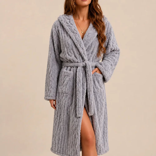 La boutique du peignoir Peignoir Capuche Femme - Long en Polaire Torsadée, Gris Clair