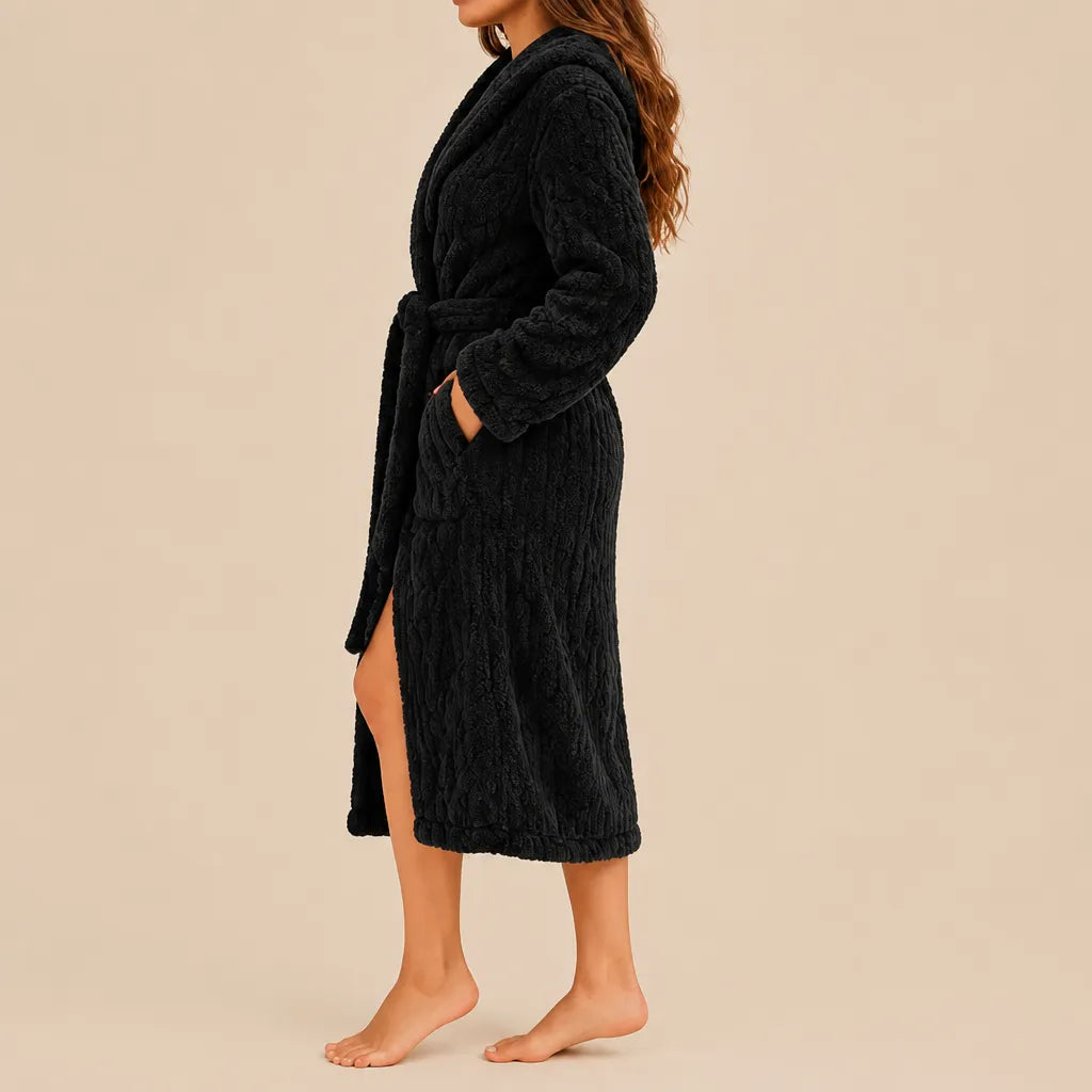 La boutique du peignoir Peignoir Capuche Femme - Long en Polaire Torsadée, Noir