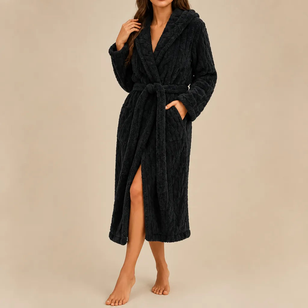La boutique du peignoir Peignoir Capuche Femme - Long en Polaire Torsadée, Noir