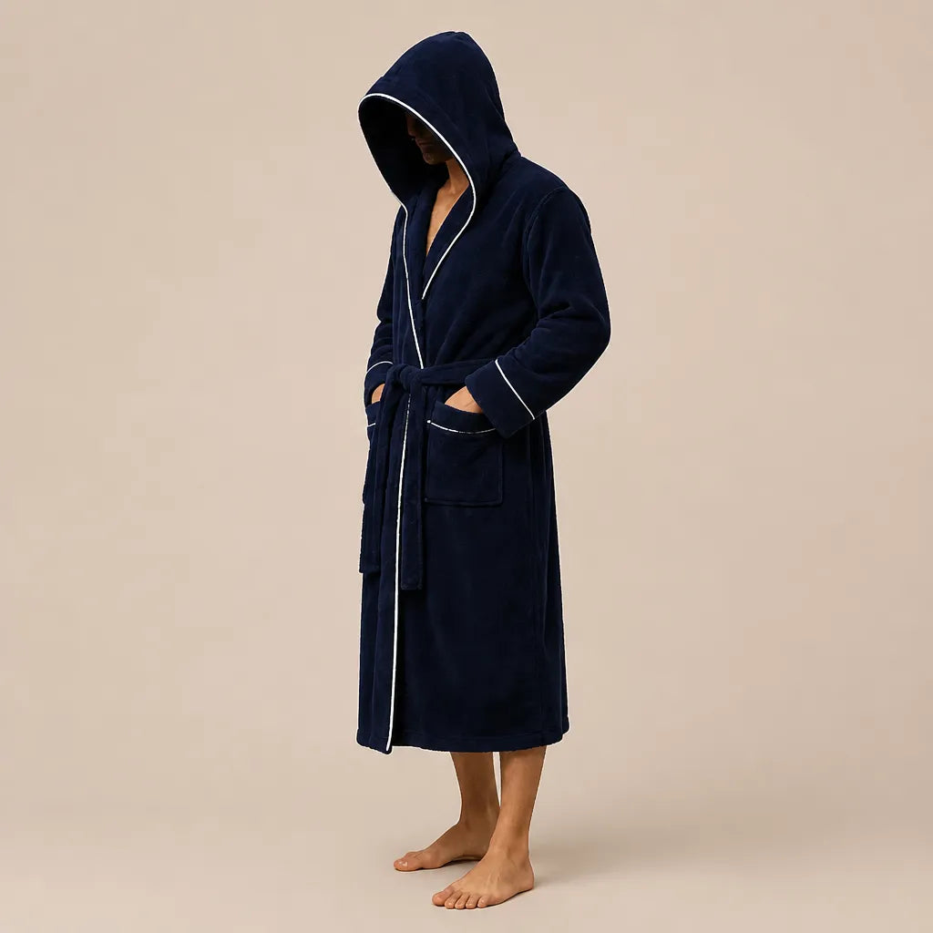 La boutique du peignoir Peignoir Capuche Homme - Long en Polaire à Liseré, Bleu Marine