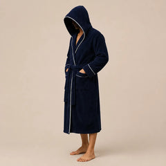 La boutique du peignoir Peignoir Capuche Homme - Long en Polaire à Liseré, Bleu Marine