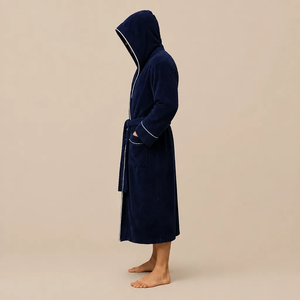 La boutique du peignoir Peignoir Capuche Homme - Long en Polaire à Liseré, Bleu Marine
