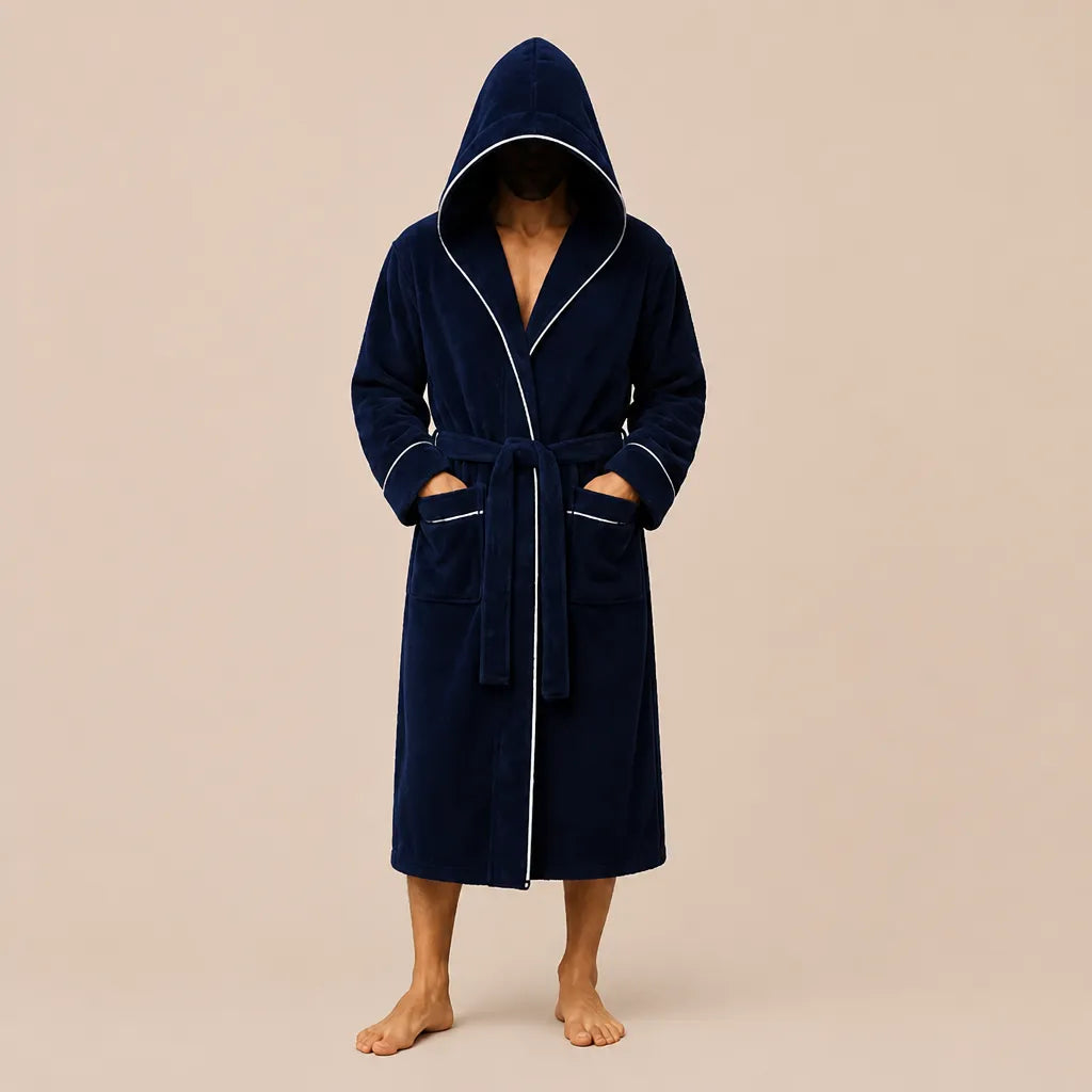 La boutique du peignoir Peignoir Capuche Homme - Long en Polaire à Liseré, Bleu Marine
