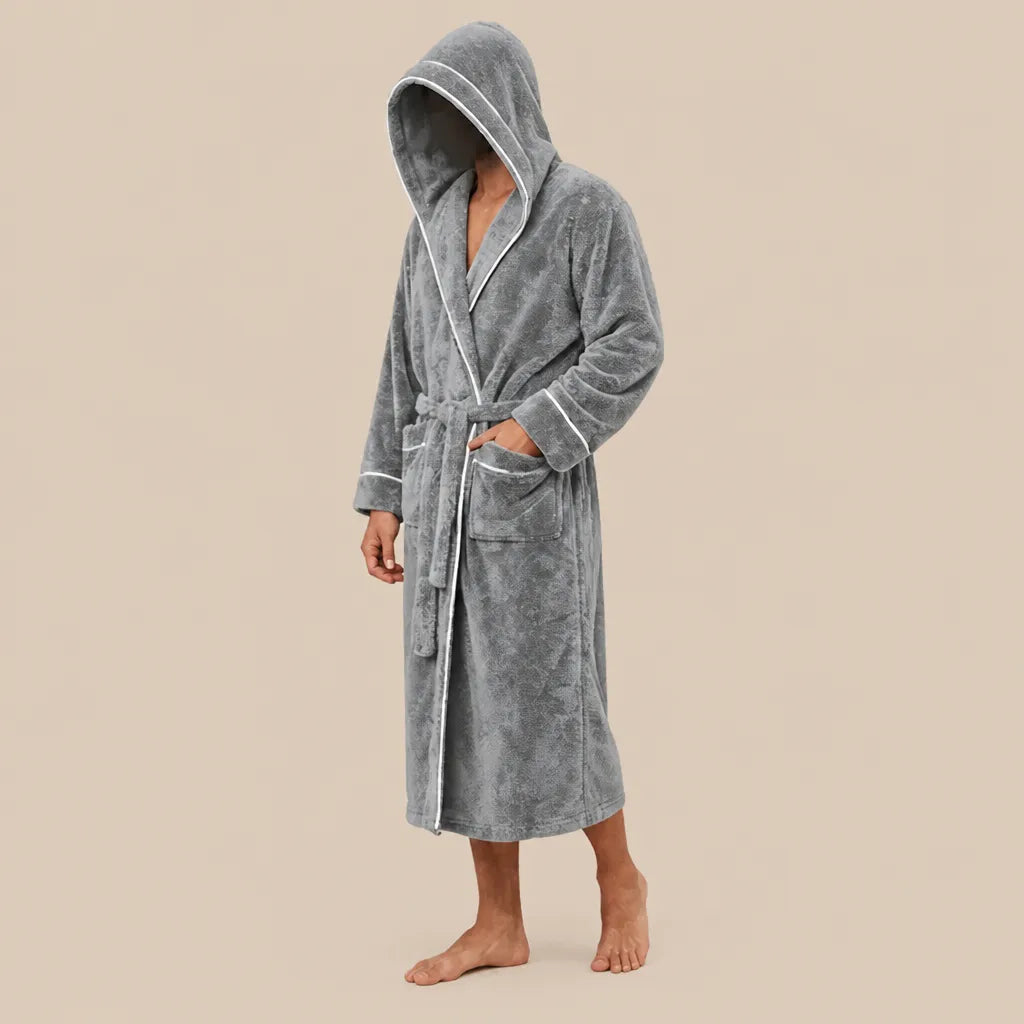 La boutique du peignoir Peignoir Capuche Homme - Long en Polaire à Liseré, Gris