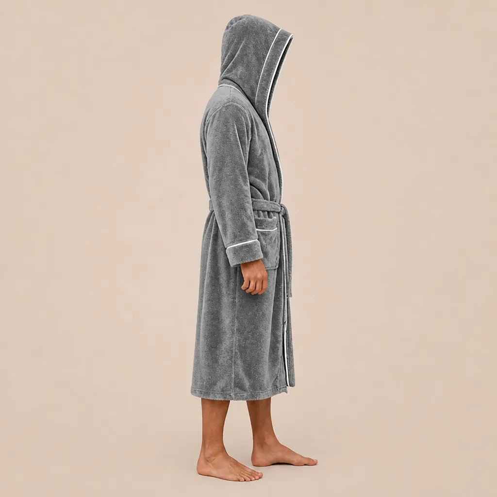 La boutique du peignoir Peignoir Capuche Homme - Long en Polaire à Liseré, Gris
