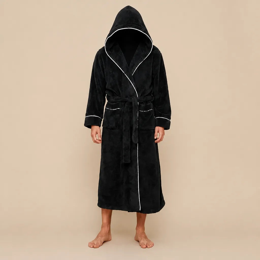 La boutique du peignoir Peignoir Capuche Homme - Long en Polaire à Liseré, Noir