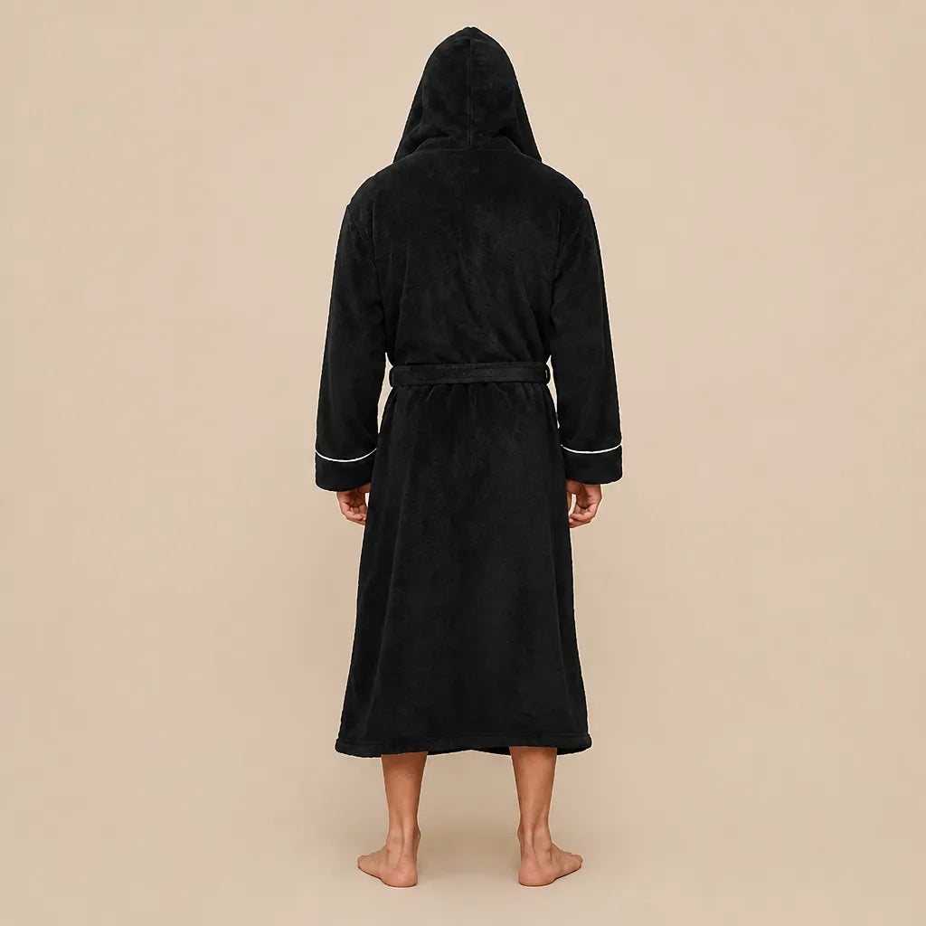 La boutique du peignoir Peignoir Capuche Homme - Long en Polaire à Liseré, Noir