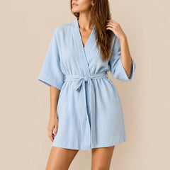La boutique du peignoir Peignoir Coton Femme - Court à Manches Kimono, Bleu Ciel