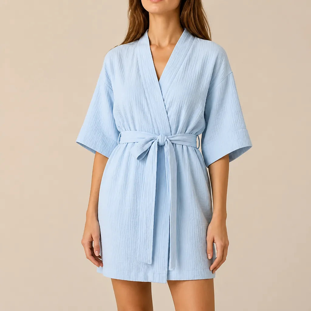 La boutique du peignoir Peignoir Coton Femme - Court à Manches Kimono, Bleu Ciel