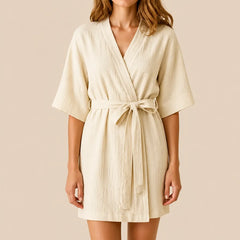La boutique du peignoir Peignoir Coton Femme - Court à Manches Kimono, Écru