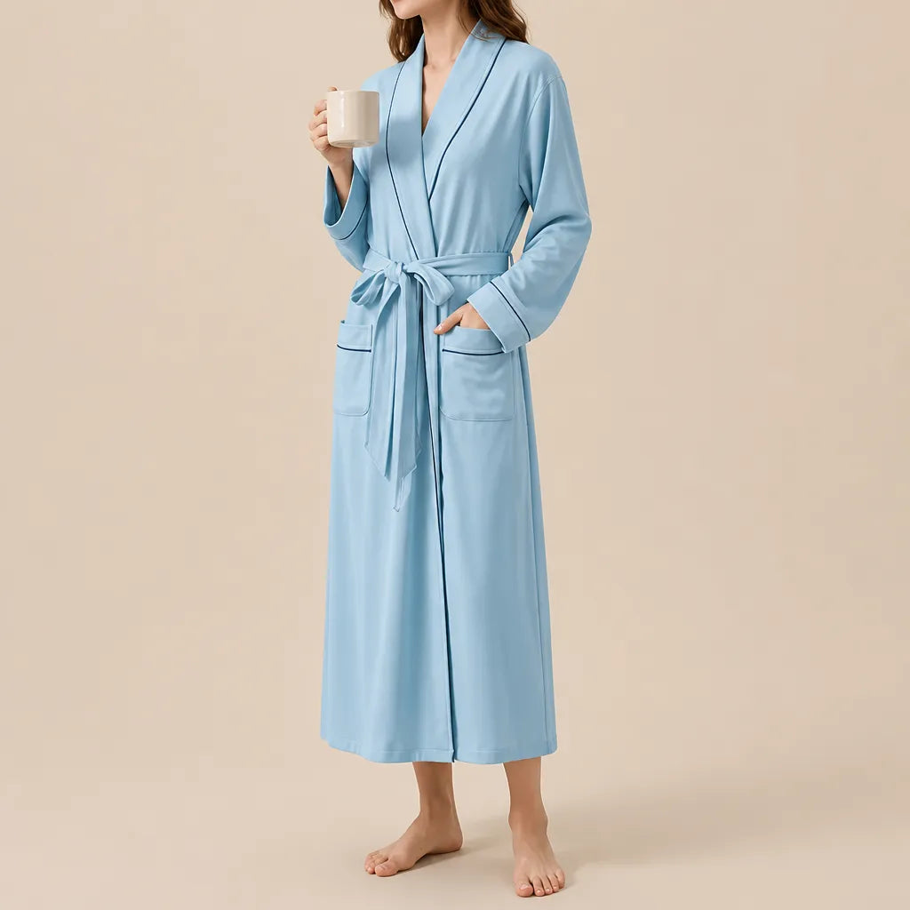 La boutique du peignoir Peignoir Coton Femme - Long à Liseré, Bleu Ciel