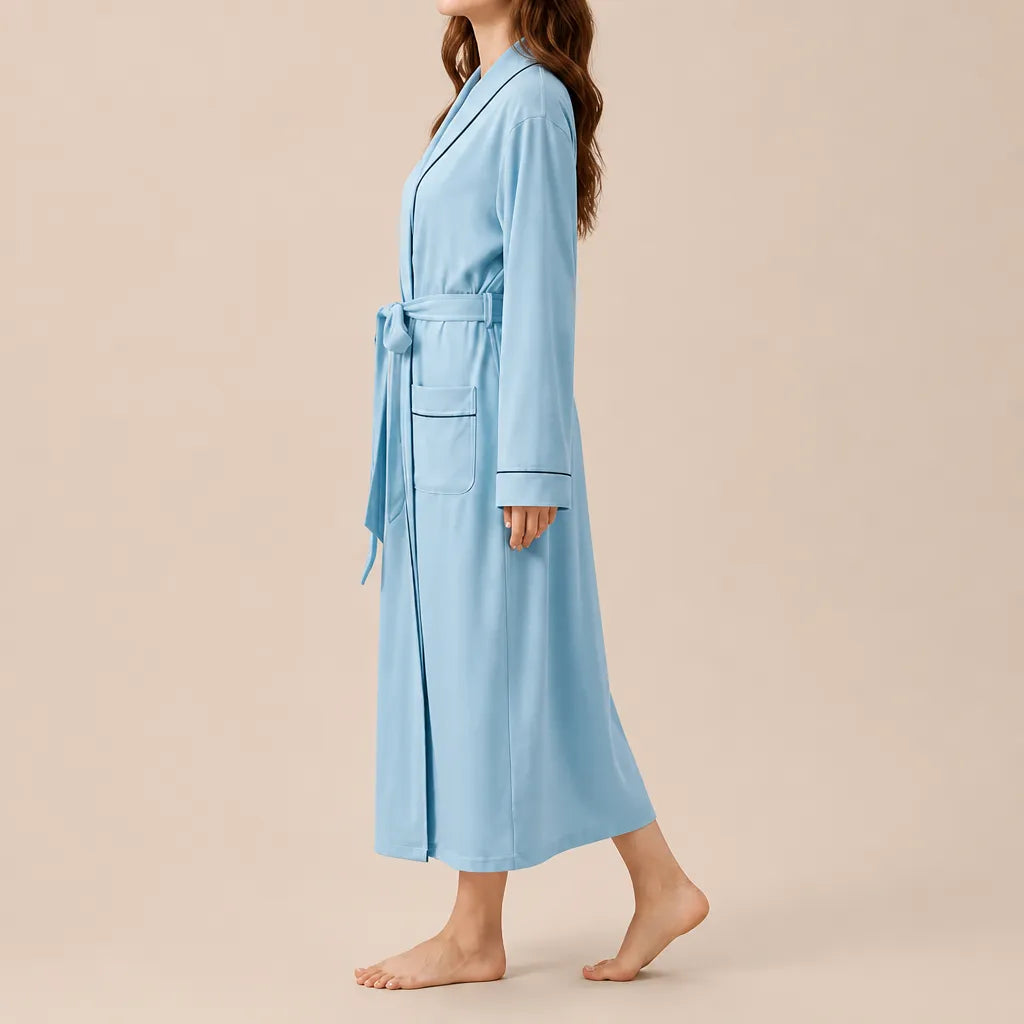 La boutique du peignoir Peignoir Coton Femme - Long à Liseré, Bleu Ciel