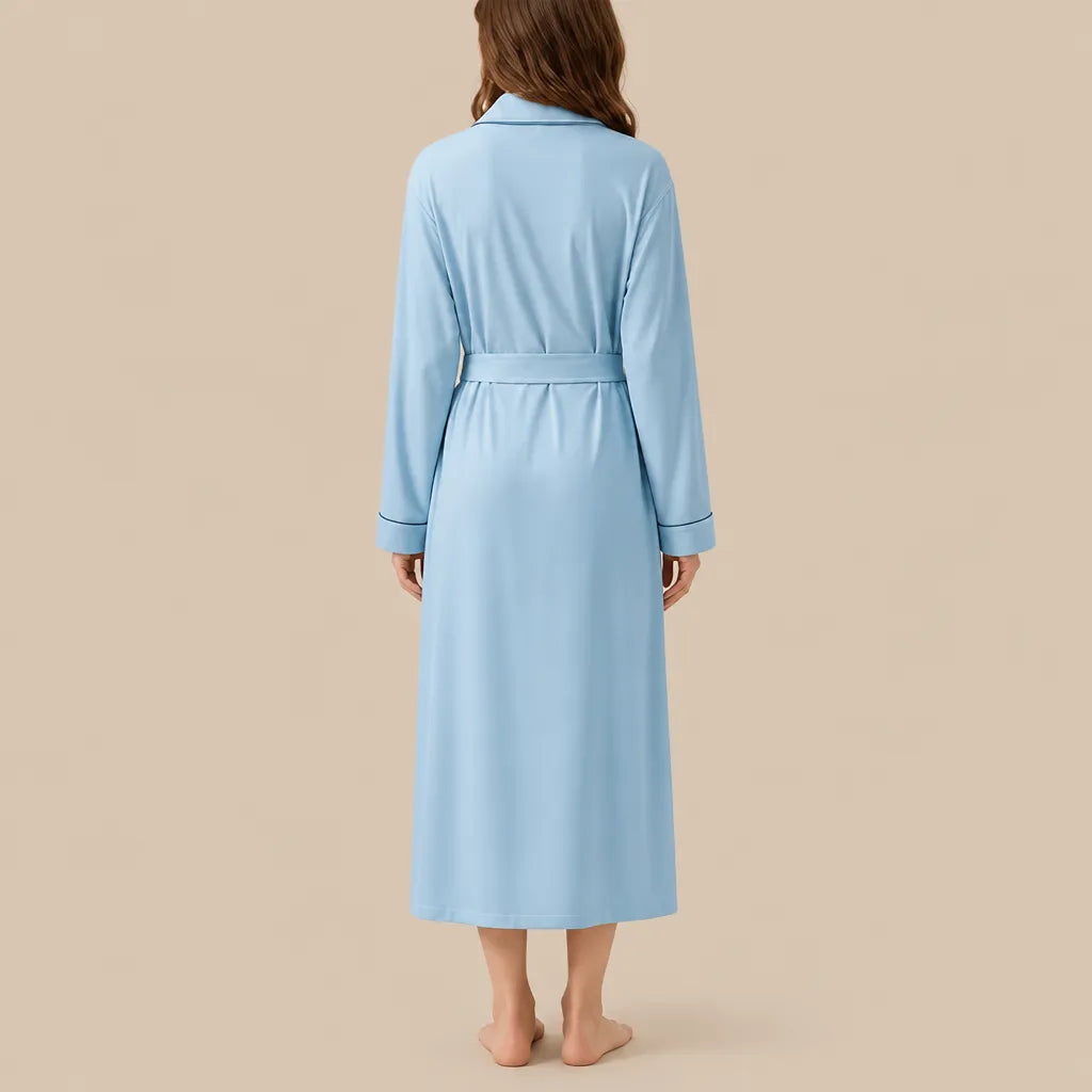 La boutique du peignoir Peignoir Coton Femme - Long à Liseré, Bleu Ciel