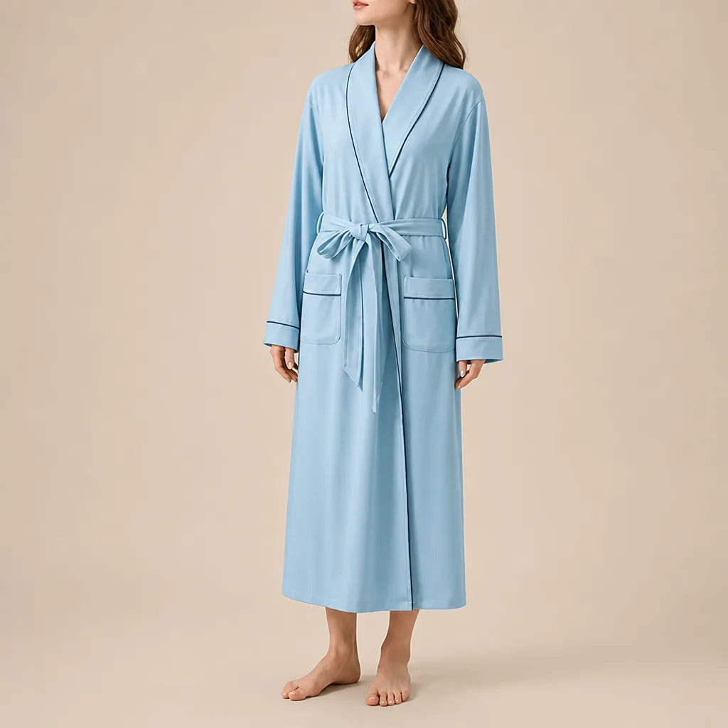 La boutique du peignoir Peignoir Coton Femme - Long à Liseré, Bleu Ciel