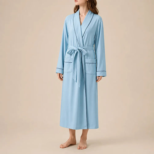 La boutique du peignoir Peignoir Coton Femme - Long à Liseré, Bleu Ciel
