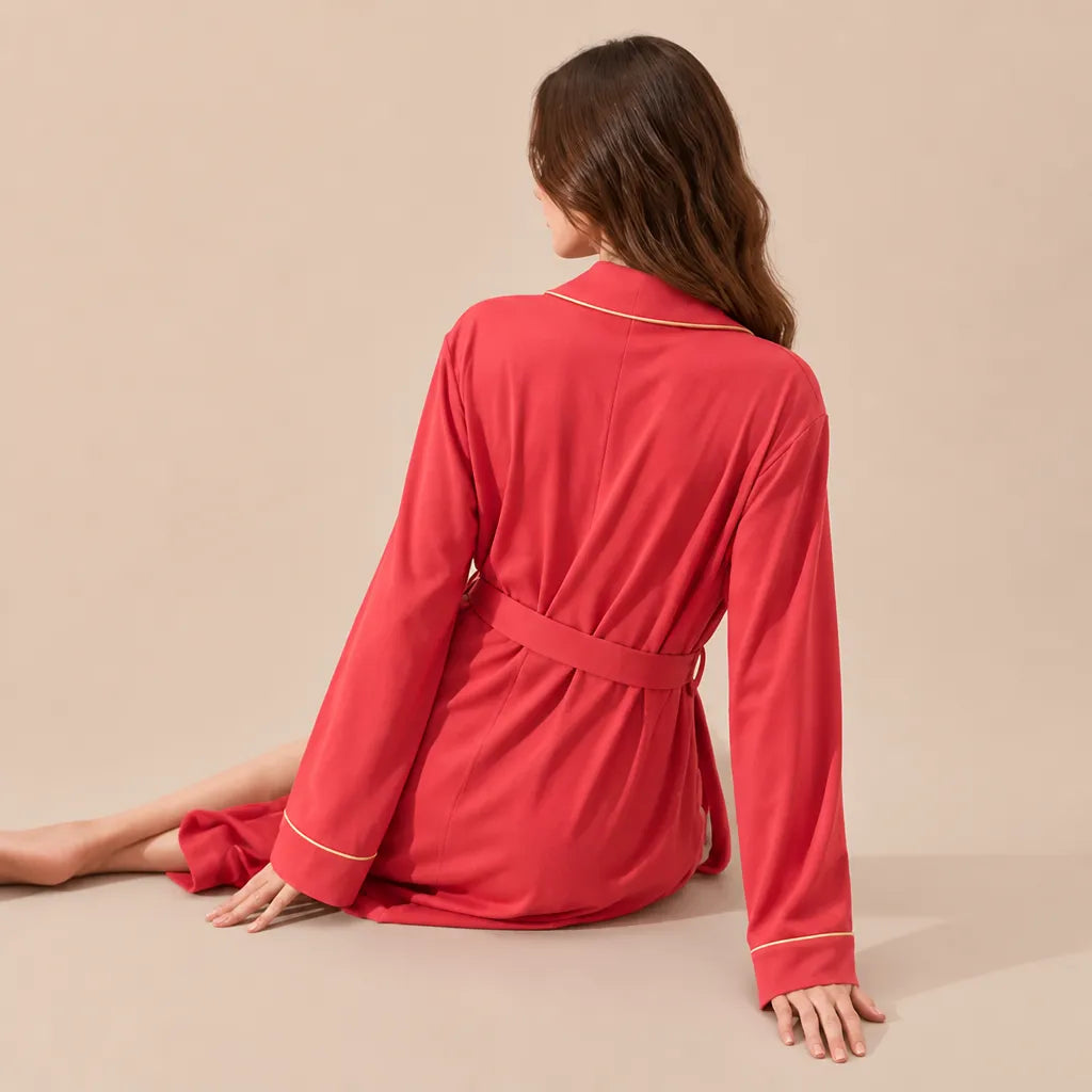 La boutique du peignoir Peignoir Coton Femme - Long à Liseré, Rouge Corail