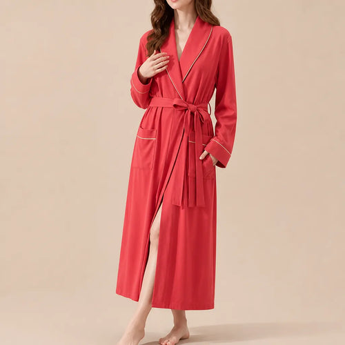 La boutique du peignoir Peignoir Coton Femme - Long à Liseré, Rouge Corail