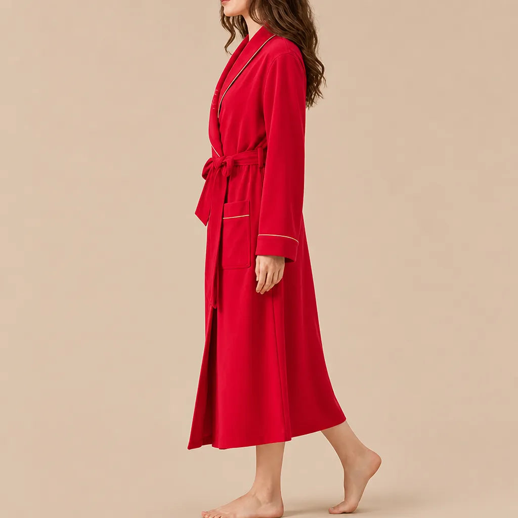 La boutique du peignoir Peignoir Coton Femme - Long à Liseré, Rouge Vif