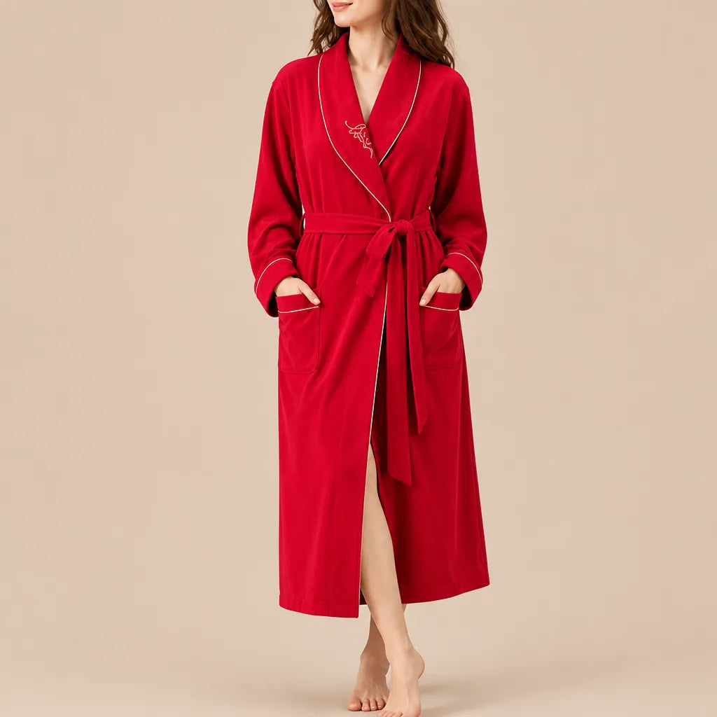 La boutique du peignoir Peignoir Coton Femme - Long à Liseré, Rouge Vif