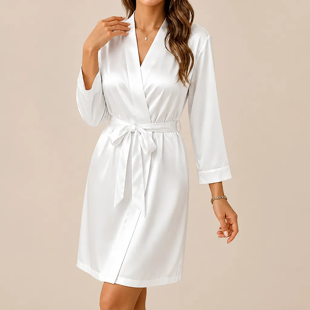 La boutique du peignoir Peignoir Court Femme - en Satin Uni, Blanc Nacré
