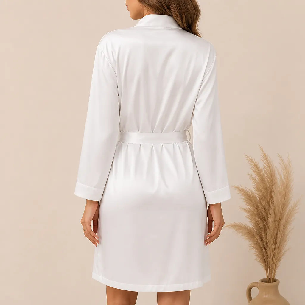 La boutique du peignoir Peignoir Court Femme - en Satin Uni, Blanc Nacré