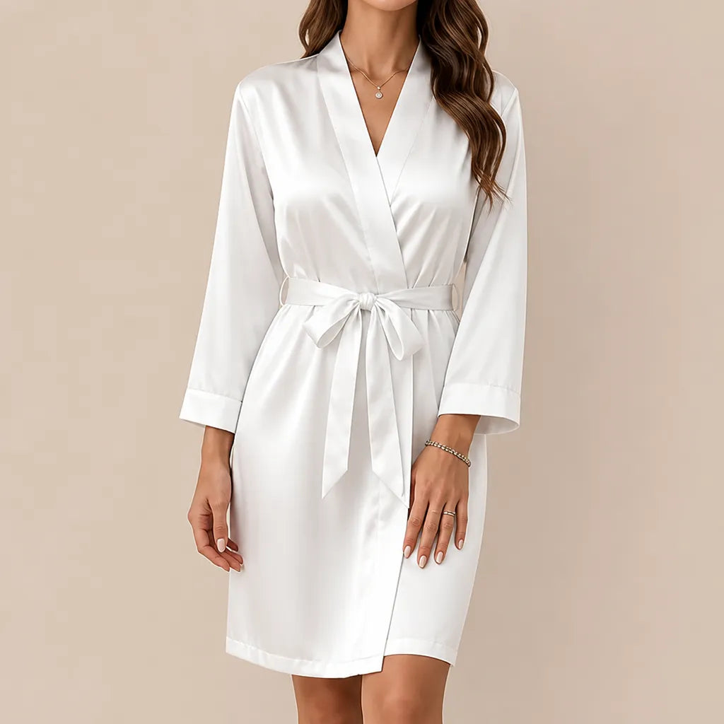 La boutique du peignoir Peignoir Court Femme - en Satin Uni, Blanc Nacré