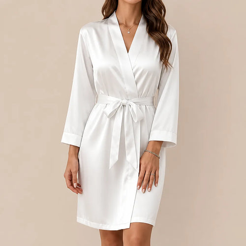 La boutique du peignoir Peignoir Court Femme - en Satin Uni, Blanc Nacré