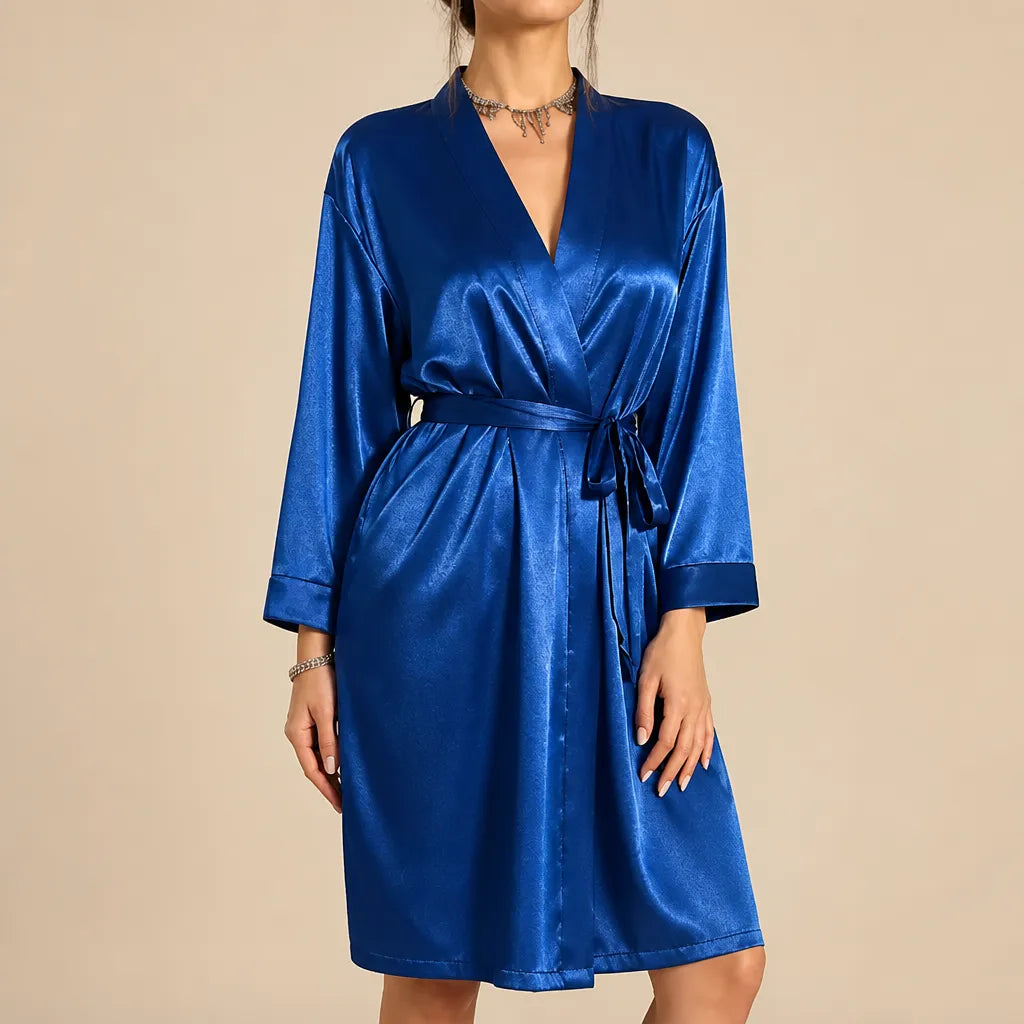 La boutique du peignoir Peignoir Court Femme - en Satin Uni, Bleu Saphir