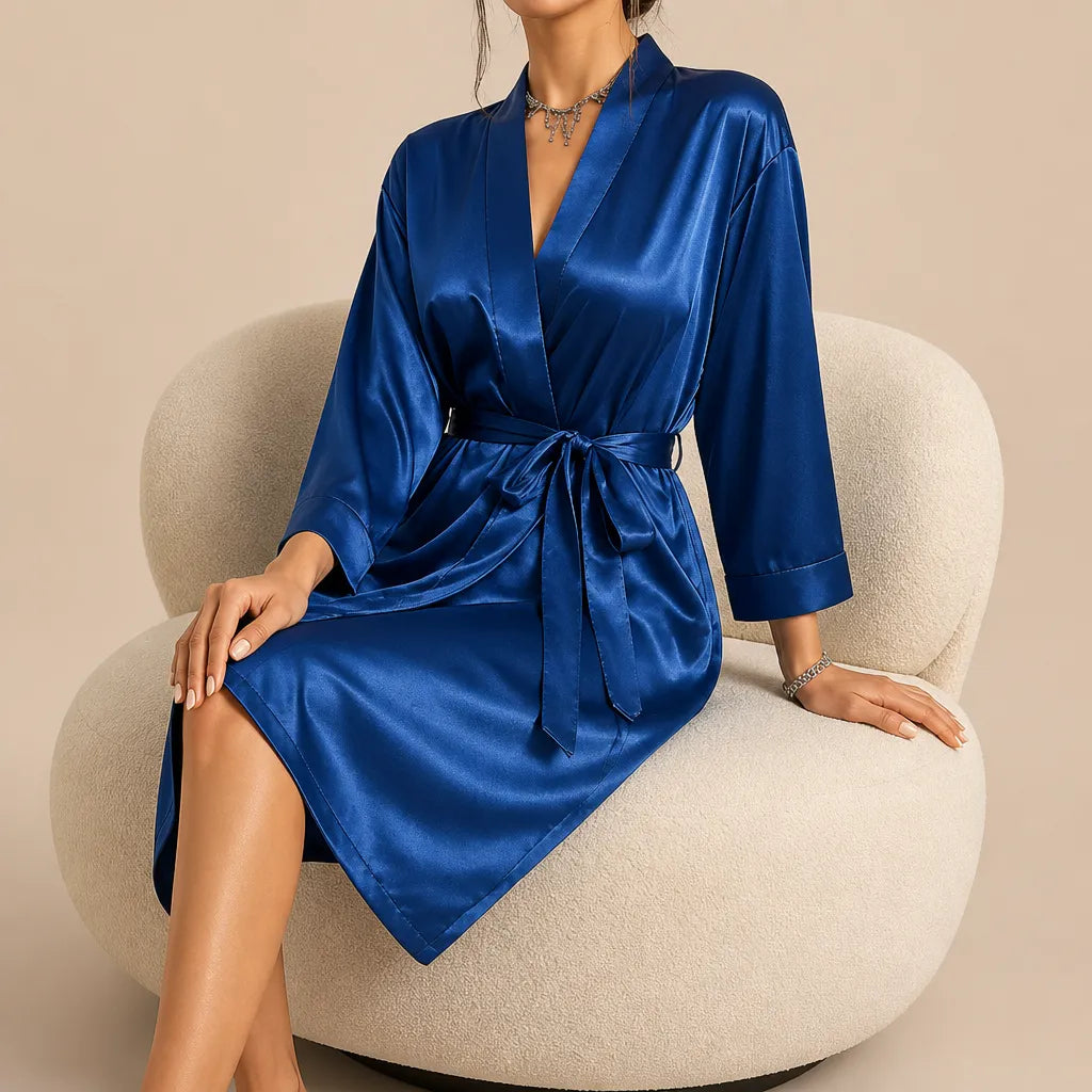 La boutique du peignoir Peignoir Court Femme - en Satin Uni, Bleu Saphir