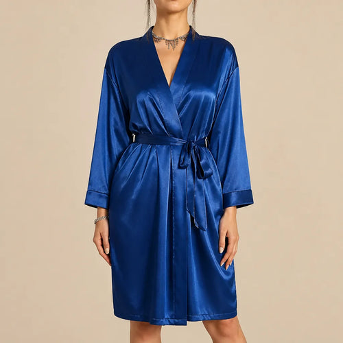 La boutique du peignoir Peignoir Court Femme - en Satin Uni, Bleu Saphir