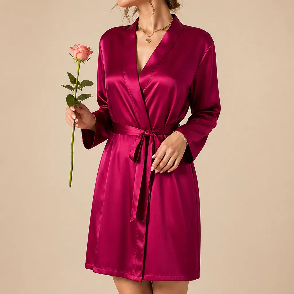 La boutique du peignoir Peignoir Court Femme - en Satin Uni, Framboise