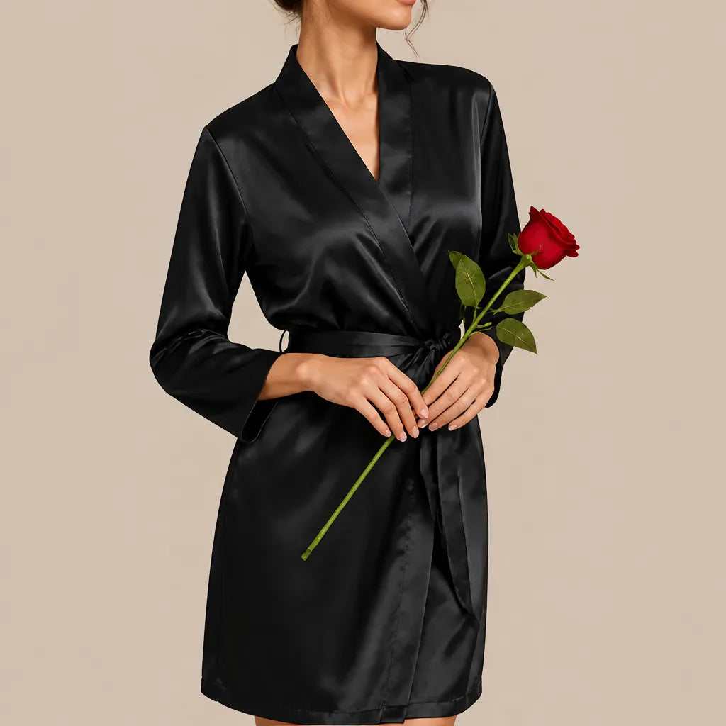 La boutique du peignoir Peignoir Court Femme - en Satin Uni, Noir