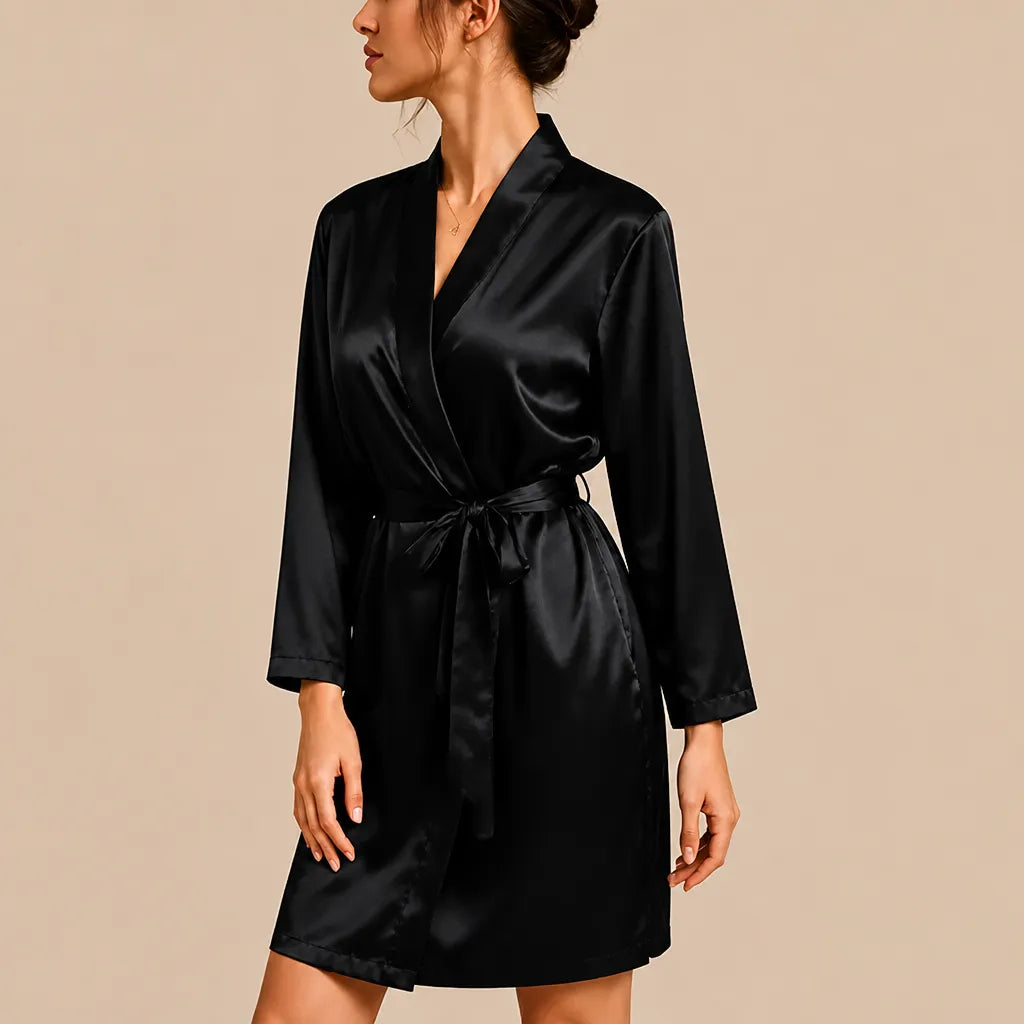 La boutique du peignoir Peignoir Court Femme - en Satin Uni, Noir