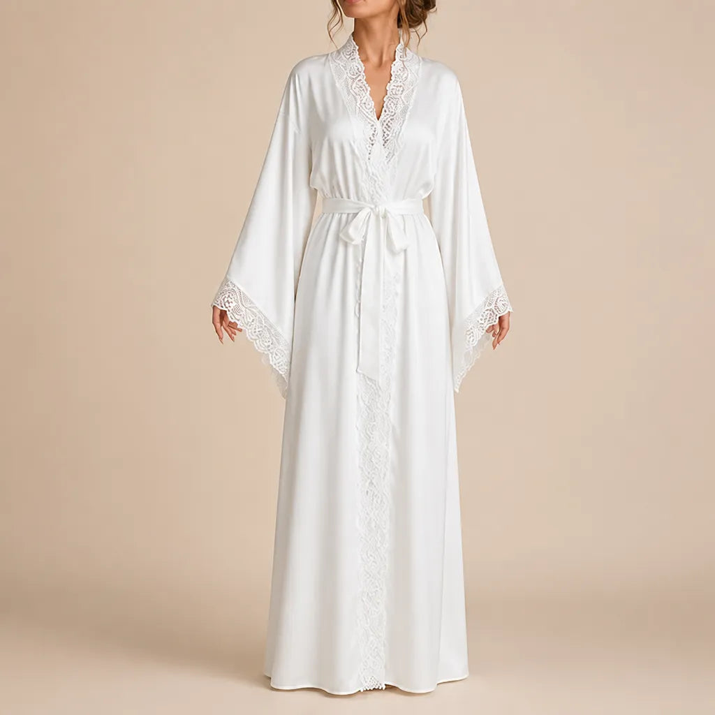 La boutique du peignoir Peignoir Femme Luxe - Satin Long à Dentelle, Blanc