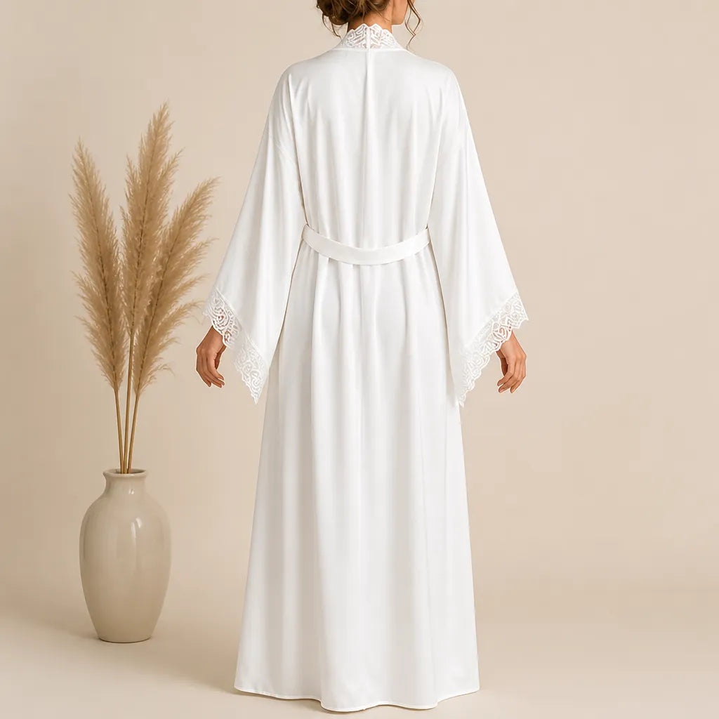 La boutique du peignoir Peignoir Femme Luxe - Satin Long à Dentelle, Blanc